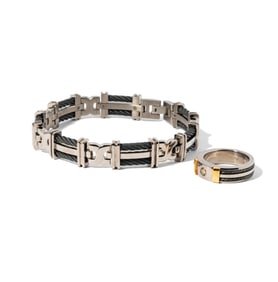 Edward Mirell Titanium and 18 Karat Gold Diamond Ring with Titanium bracelet