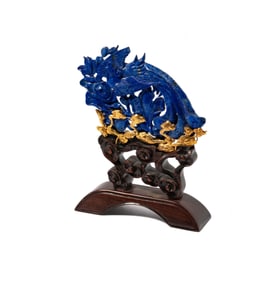 14 Karat Yellow Gold Accented, Carved Lapis Lazuli Bird