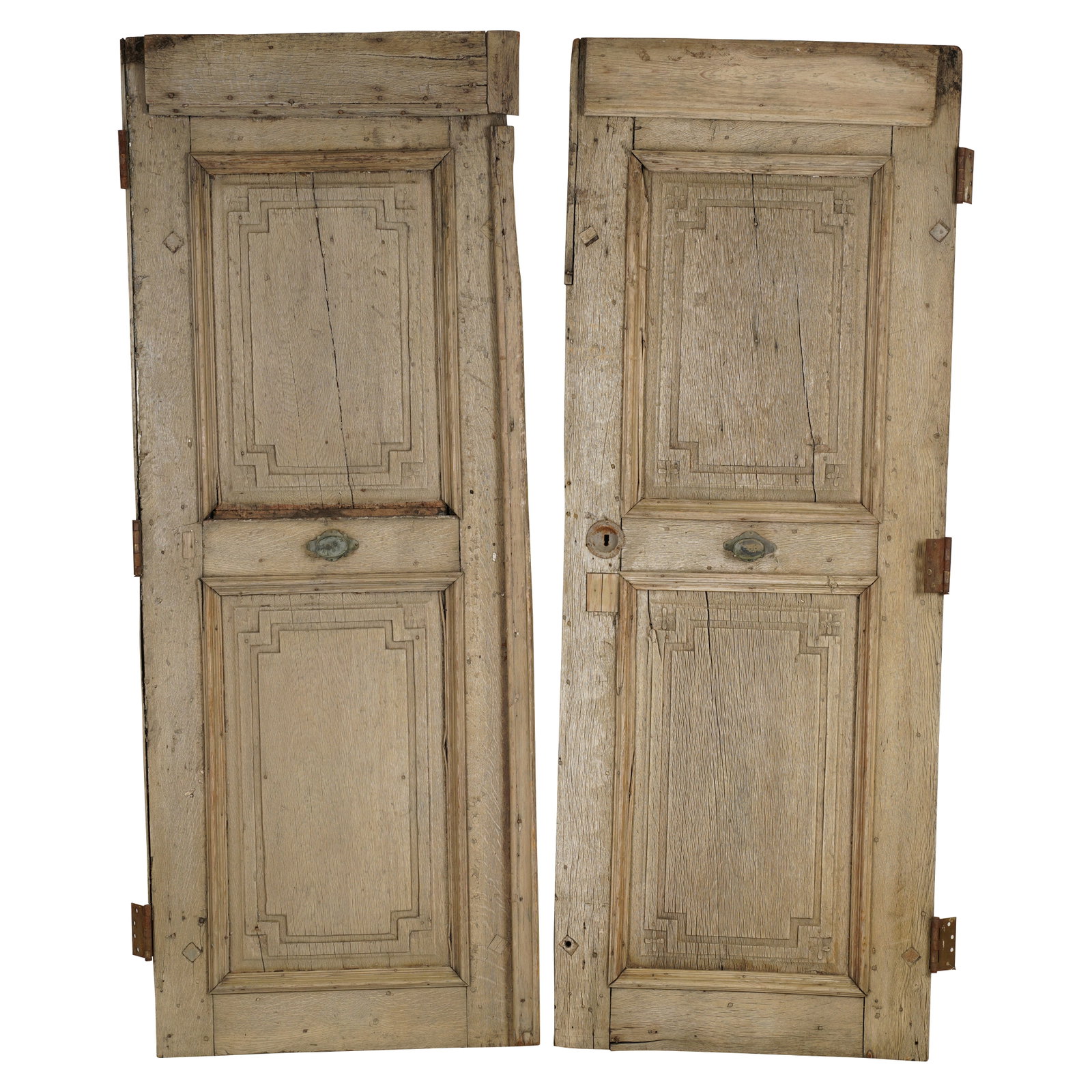 A Pair of Antique Wooden Doors: with fielded panels and metal hardware Each: 76 x 28 1/2 in. (193 x 72.4 cm.)