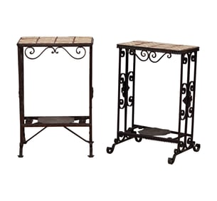 Two Tile-Inset Iron Tables or Stands