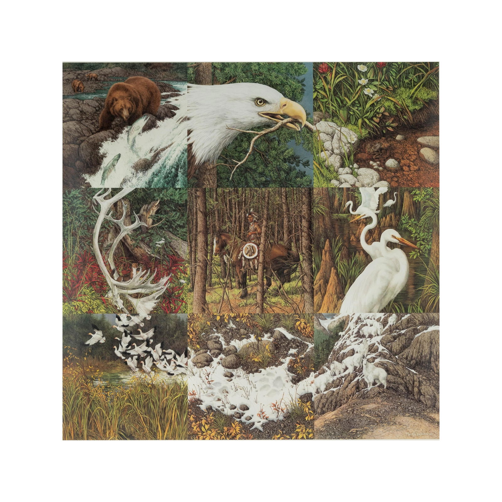 Bev Doolittle, B.1947, Sacred Circle: offset lithograph, ed. 30457/40192; signed and numbered in pencil Sight: 23 x 23 in. (58.4 x 58.4 cm.) Frame: 33 1/2 x 33 in. (85.1 x 83.8 cm.)