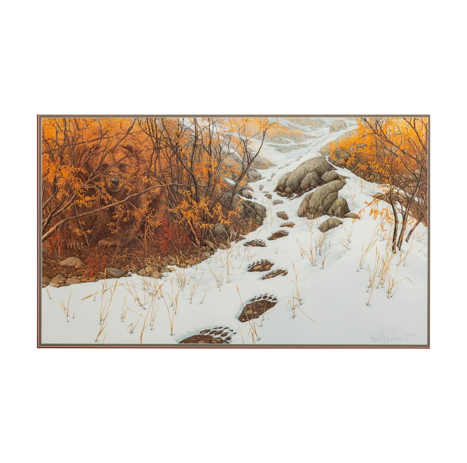 Bev Doolittle, B.1947, Double Back: offset lithograph, ed. 7609/15000; signed and numbered in pencil Sight: 18 x 30 1/2 in. (45.7 x 77.5 cm.) Frame: 28 1/2 x 41 in. (72.4 x 104.1 cm.)
