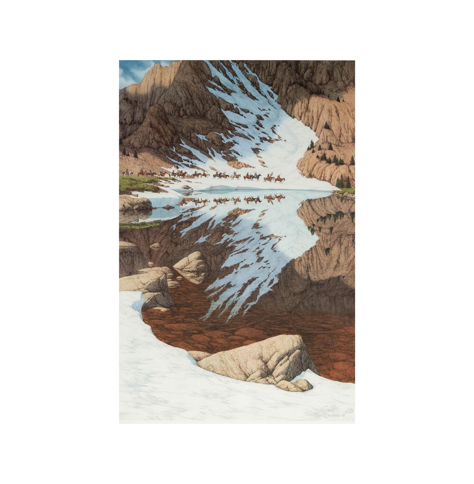 Bev Doolittle, B.1947, Season of The Eagle: offset lithograph, ed. 18875/36545; signed and numbered in pencil Sight: 27 1/2 x 19 in. (69.9 x 48.3 cm.) Frame: 38 x 28 in. (96.5 x 71.1 cm.)