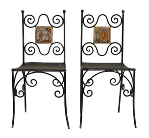 A Pair of Vintage Iron and Faience Tile Patio Chairs
