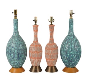 Two Pairs of Mid-Century Lava Glaze Ceramic Table Lamps