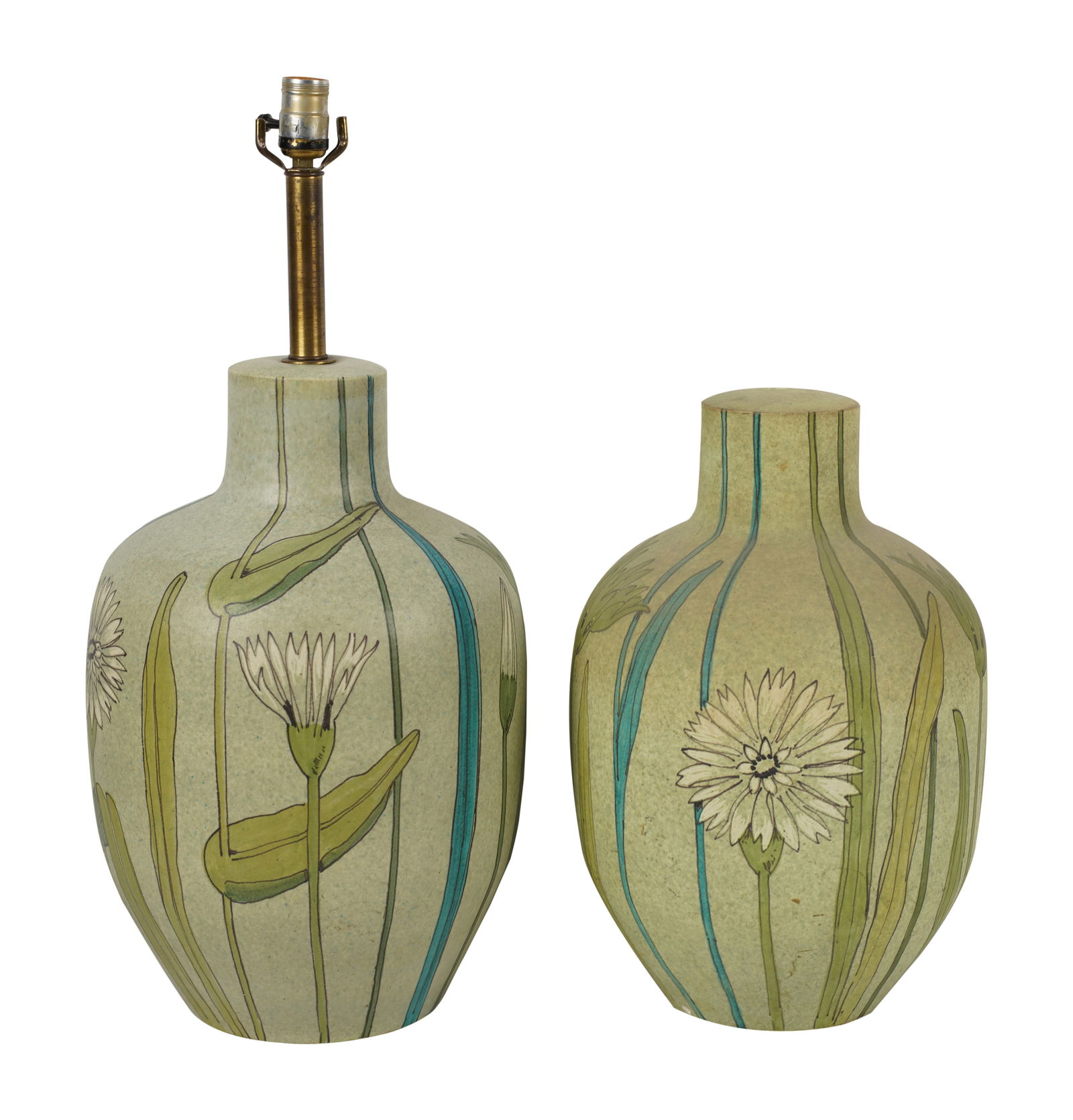 Two Raymor Floral Pottery Table Lamps: each signed to underside "Raymor Italy"; one wired (26 in. high overall), the other not wired (17 3/4 in. high overall)