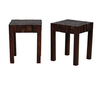 A Pair of Vintage Rough-Textured Stained Wood Side Tables