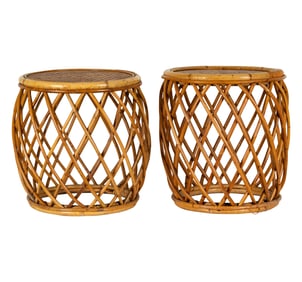 A Pair of Woven Rattan Drum-Style Side Tables