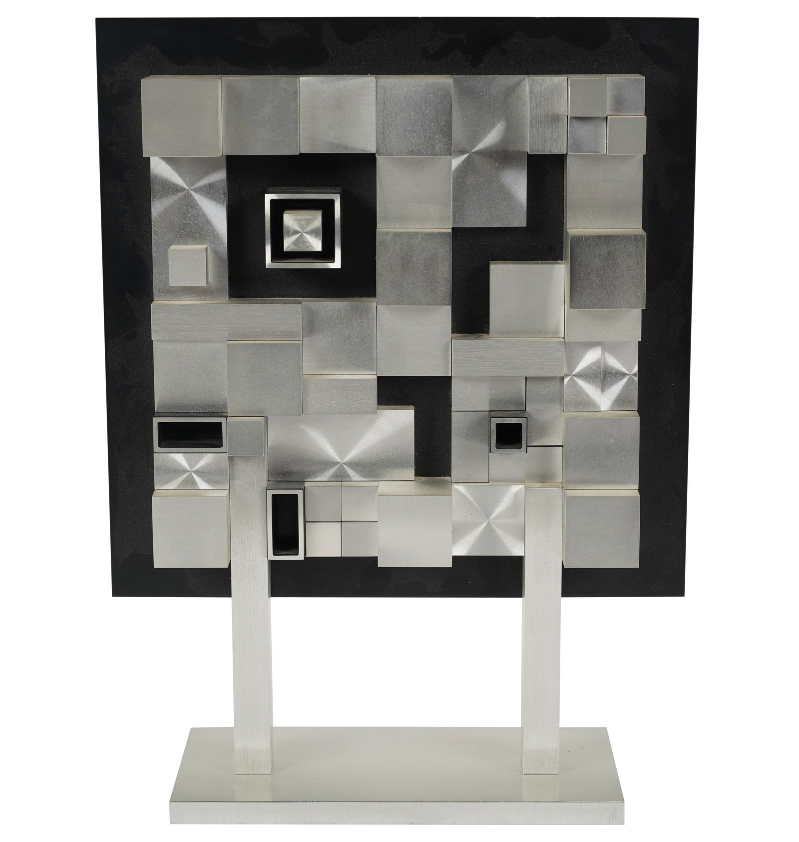 Max Finkelstein, American 1915-2016, Square Plus 49 No. 3: aluminum construction, 1968; signed, dated and titled verso, and titled again to label on verso as "Square Plus 49 No. 2" Overall: 16 x 12 x 4 in. (40.6 x 30.5 x 10.2 cm.)