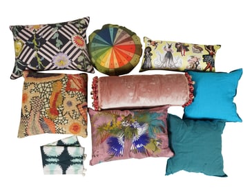 A Group of Designer Throw Pillows Including Christian Lacroix