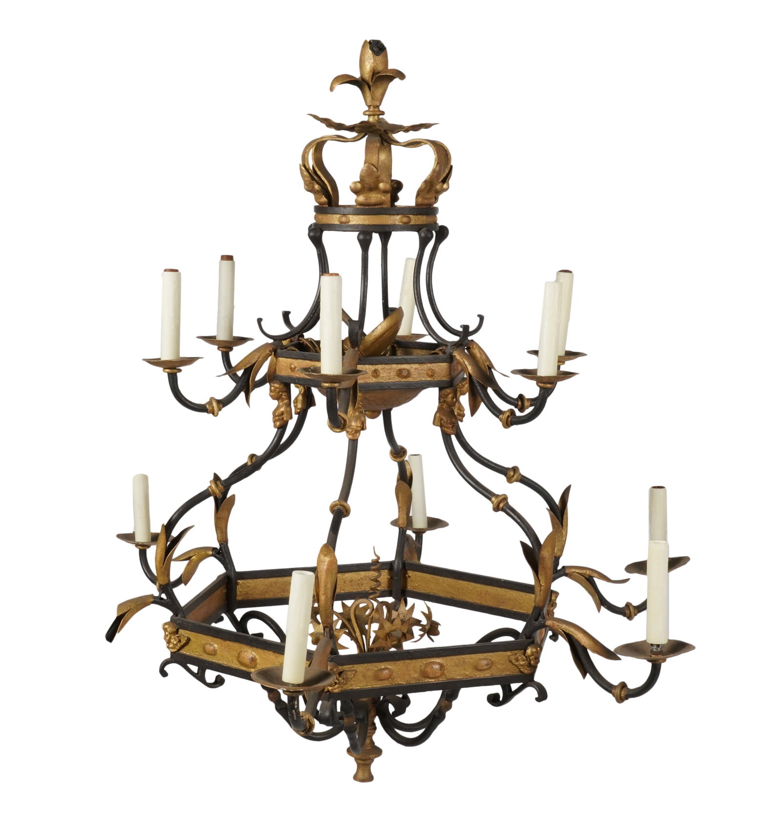 A Minton-Spidell Iron and Gilt Metal Chandelier: with 12 lights Approximately: 49 x 42 in. (124.5 x 106.7 cm.)