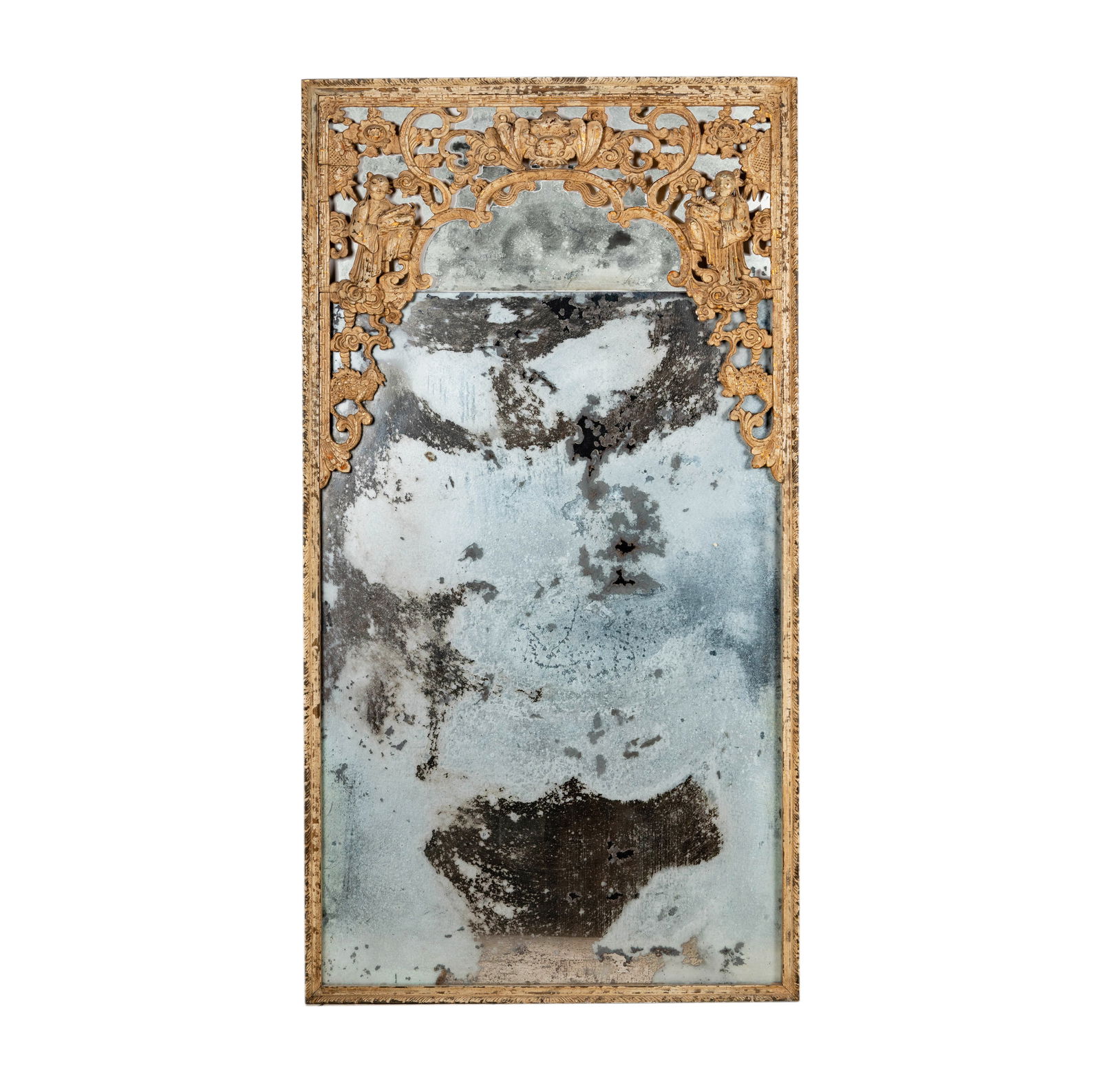 A Chinese Carved, Painted and Gilt Mirror: with modern "antiqued" mirror plates 80 1/4 x 43 in. (203.8 x 109.2 cm.) Provenance: An Important Private Southern California Estate