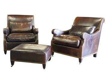 A Pair of Henredon Leather Club Chairs and an Ottoman