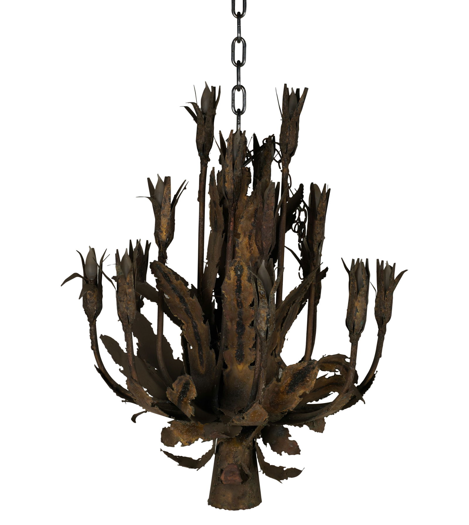 A Vintage Brutalist-Style Metal Chandelier: in the style of Tom Greene; with 16 lights 36 x 28 in. (91.4 x 71.1 cm.)