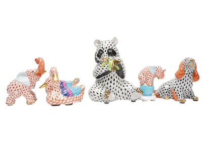 A Group of Five Herend Fishnet Porcelain Animal Figures