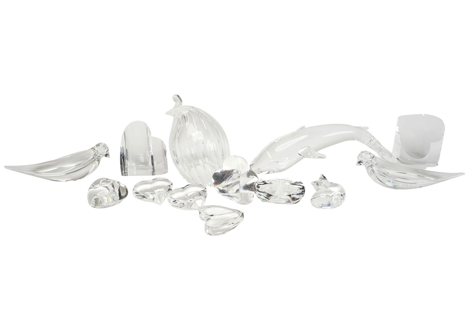 A Group of Steuben Glass: including a whale figure, 3 1/2 x 11 1/2 x 5 in. (8.9 x 29.2 x 12.7 cm.); each signed [13 pieces]