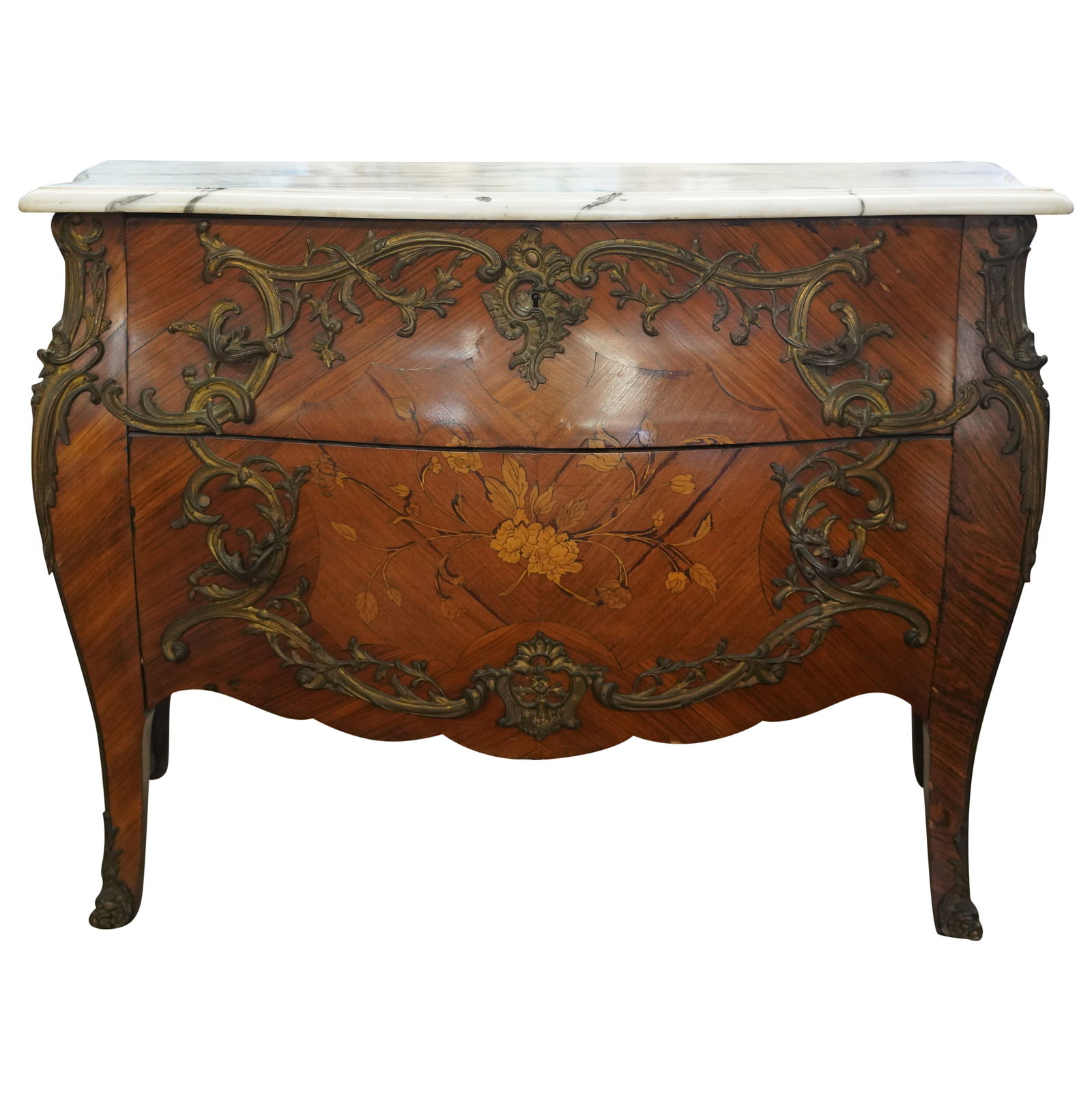 A French Rococo-Style Marble-Top Marquetry and Parquetry Commode (1 of 9)