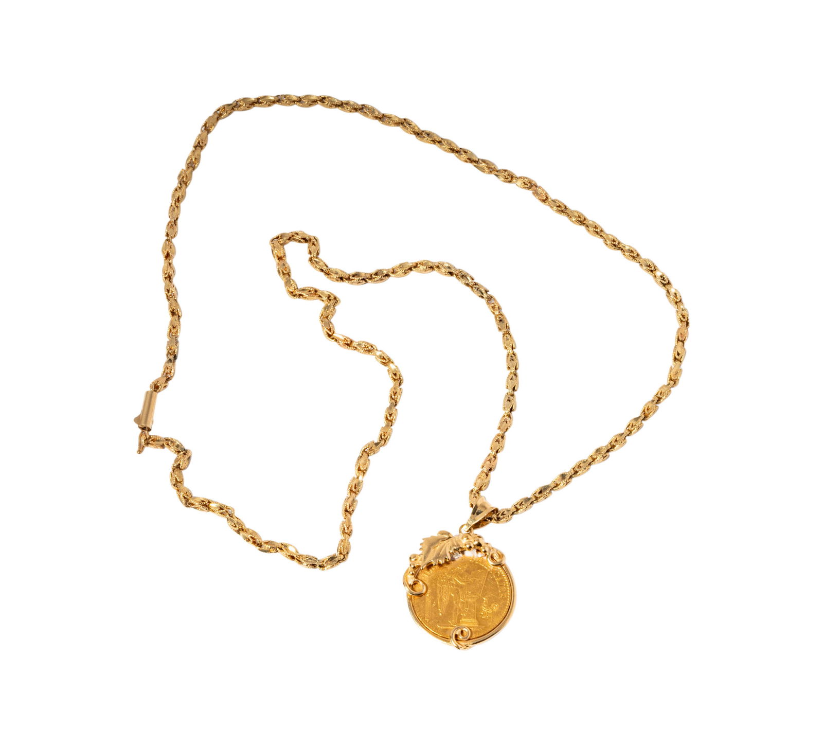 14 Karat Yellow Gold Chain, 1876 20 Francs Gold Coin Necklace
