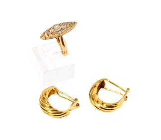 18 Karat Yellow Gold Diamond Ring and Earrings