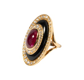 18 Karat Yellow Gold, Rubelite, Diamond and Onyx Ring