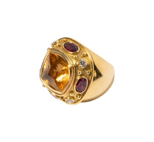 Elizabeth Gage 18 Karat Yellow Gold, Citrine, Diamond and Ruby Ring