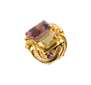 18 Karat Yellow Gold Amethyst, Citrine and Diamond Ring