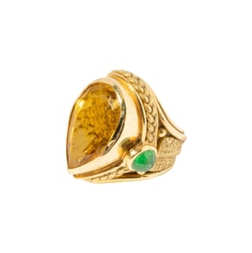 Attributed to Elizabeth Gage, 18 Karat Yellow Gold Citrine and Emerald Ring