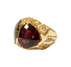 Elizabeth Gage, 18 Karat Yellow Gold Rubelite and Green Tourmaline, Diamond Ring