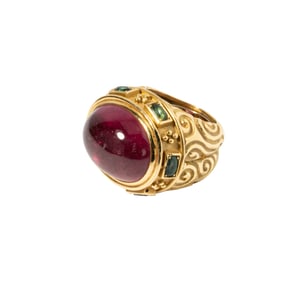 Attributed to Elizabeth Gage, 18-Karat Yellow Gold Rubelite and Green Tourmaline Ring