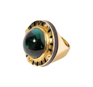Elizabeth Gage, 18 Karat Yellow Gold, Green Tourmaline, Diamond and Enamel Ring