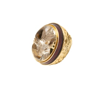 Elizabeth Gage 18 Karat Yellow Gold Rock Crystal Quartz Intaglio and Enamel Ring