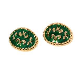 14 Karat Yellow Gold Green Enamel Ear Clips