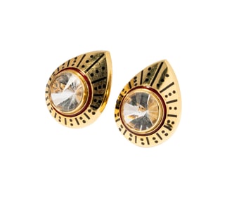 Elizabeth Gage 18 Karat Yellow Gold Enamel and Rock Crystal Quartz Earrings