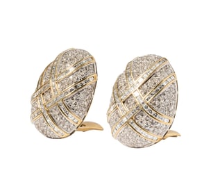 18 Karat Yellow and White Gold Oval Dome Diamond Ear Clips