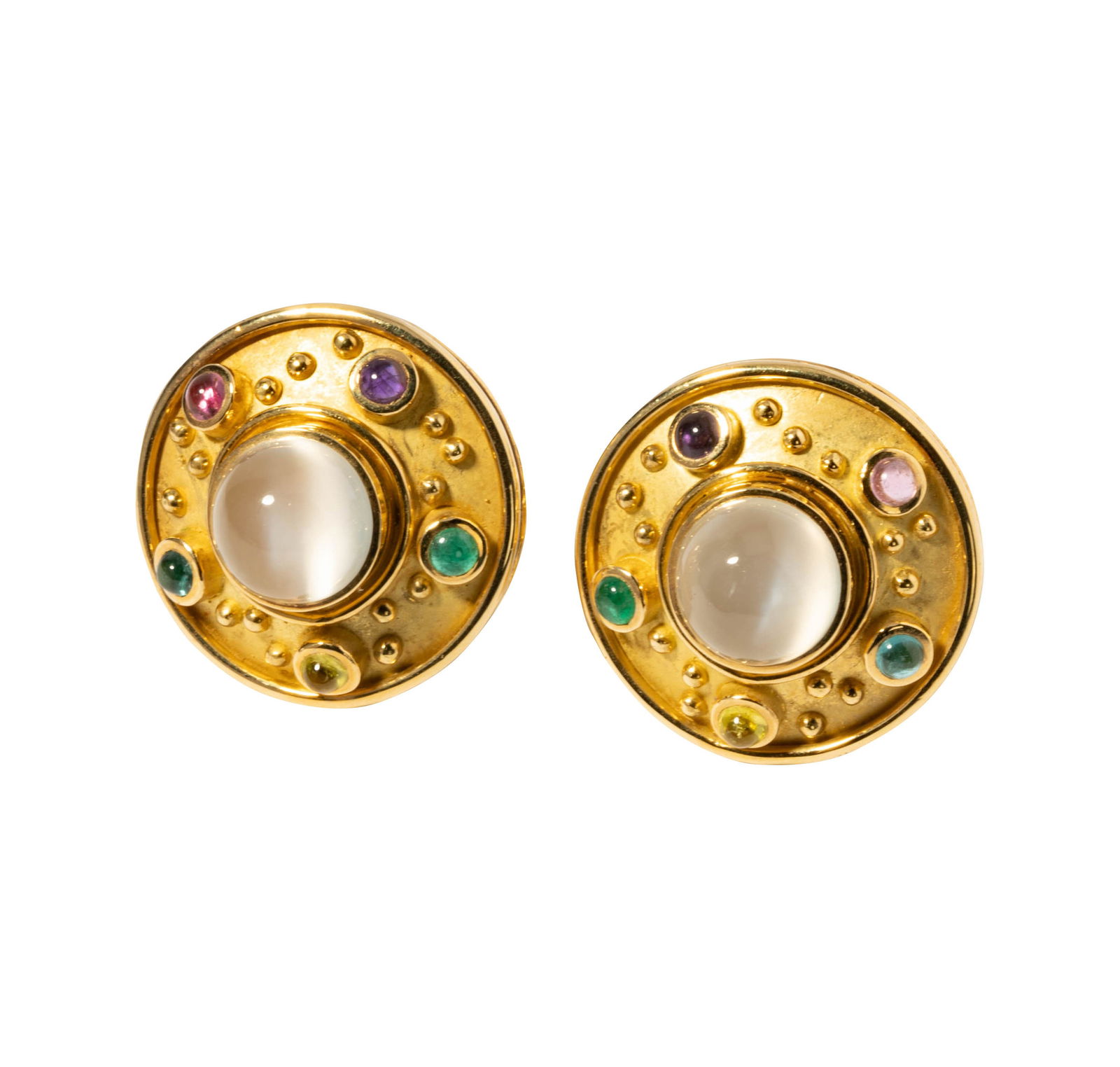 Denise Roberge, 18 Karat Yellow Moonstone Multi-Gemstone Ear Clips: Featuring a Denise Roberge, 18-karat yellow gold, moonstone and gem-set ear clips, two round cabochon-cut moonstones 13 mm and ten round cabochon-cut two emerald, two amethyst, two period, two pink an
