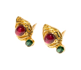Elizabeth Gage 18 Karat Yellow Gold Rubellite and Green Tourmaline Ear Clips
