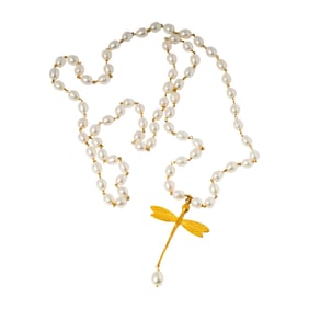 18 Karat Yellow Gold Dragonfly and Cultured Pearl Necklace