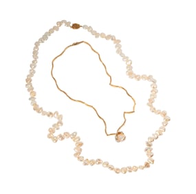 Two 14 Karat Yellow Gold Pearl Necklaces