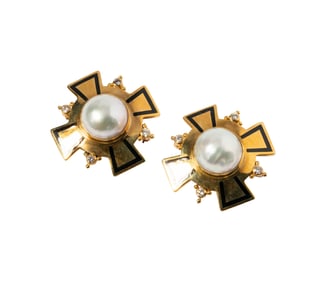 Elizabeth Gage Pair of 18 Karat Yellow Gold and Cultured Pearl Maltese Cross Brooches