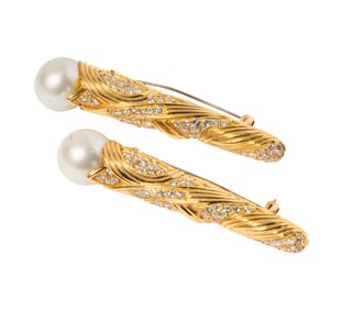 Tallarico, Pair of 18 Karat Yellow Gold Diamond, Cultured Pearl Brooches