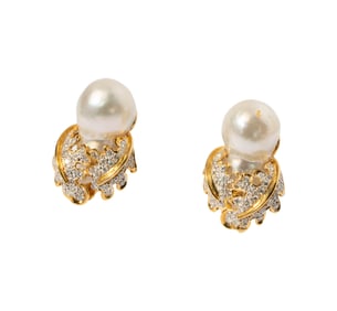 18-Karat Yellow and White Gold Diamond and Pearl Flower Ear Clips