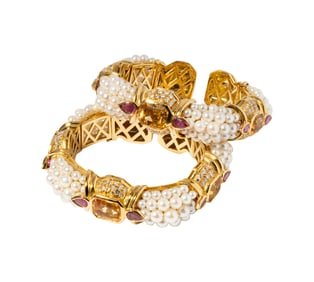 Italian, Pair of 18 Karat Yellow Gold Citrine, Diamond, Ruby, and Pearl Cuff Bracelets