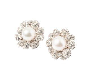 Ella Gem Pair of 18-Karat White Gold Diamond and Cultured Pearl Flower Ear Clips