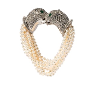 14 Karat White Gold Diamond, Emerald, and Pearl Jaguar Bracelet