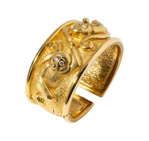 18 Karat Yellow Gold Diamond Monkey Cuff Bracelet