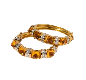Tallarico, Two 18 Karat Yellow Gold and Platinum Diamond, Citrine Tension Bangle Bracelet