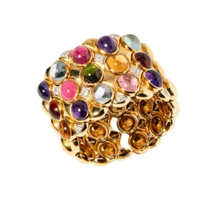 Italian 18 Karat Yellow and White Gold Multi-Gemstone and Diamond Tension Cuff Bracelet