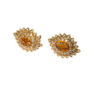 14 Karat Yellow Gold Diamond and Citrine Dome Ear Clips