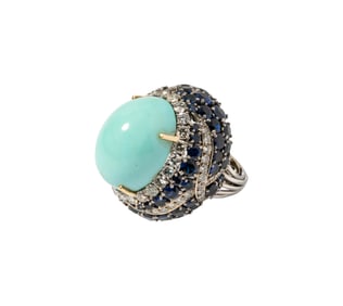 18 Karat White and Yellow Gold Turquoise, Sapphire, and Diamond Ring