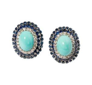 18-Karat White Gold Turquoise, Sapphire and Diamond Ear Clips